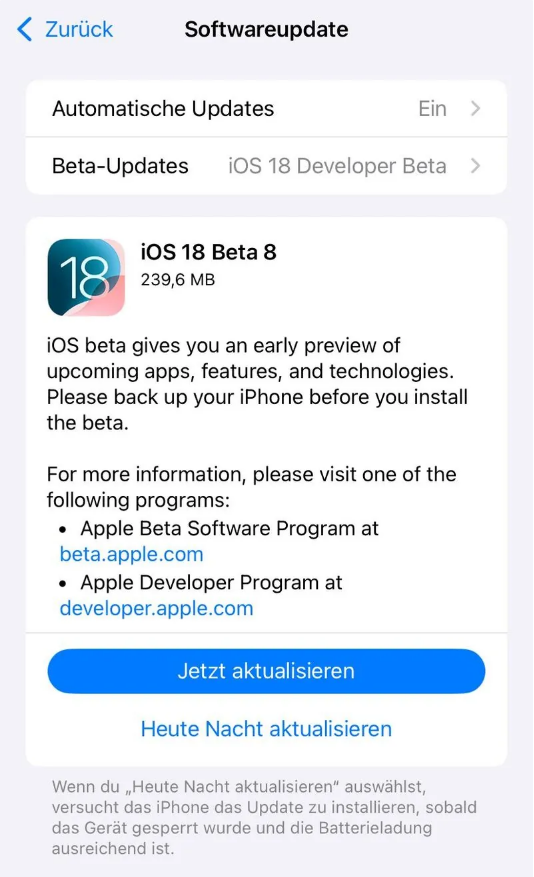 准格尔苹果手机维修分享苹果 iOS / iPadOS 18 开发者预览版 Beta 8 发布 